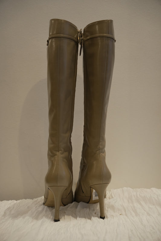 Sergio Rossi Nude Point Toe Knee High Leather Boots Sz36.5