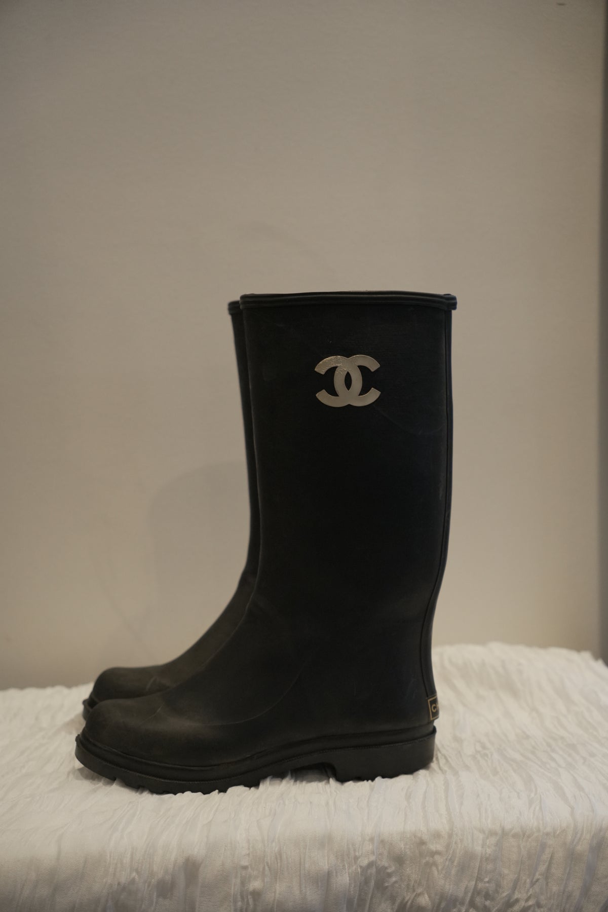 Chanel Black White Logo Rubber Gumboots
