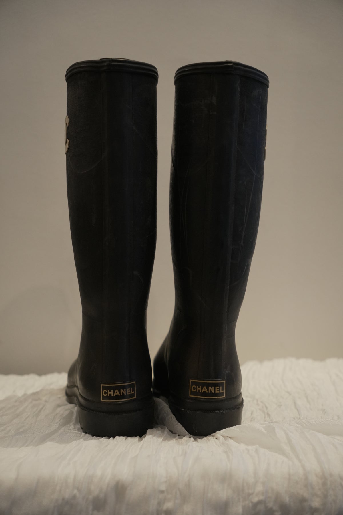 Chanel Black White Logo Rubber Gumboots