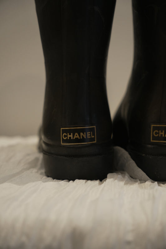 Chanel Black White Logo Rubber Gumboots Sz37