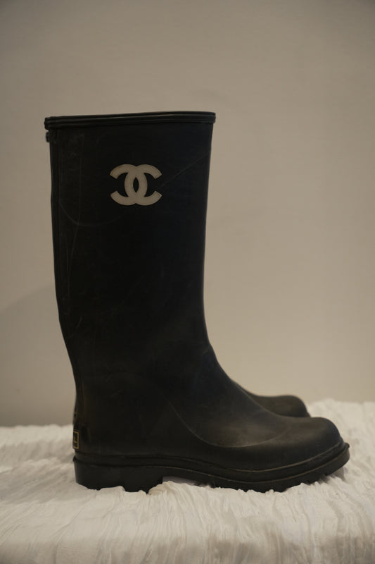 Chanel Black White Logo Rubber Gumboots Sz37