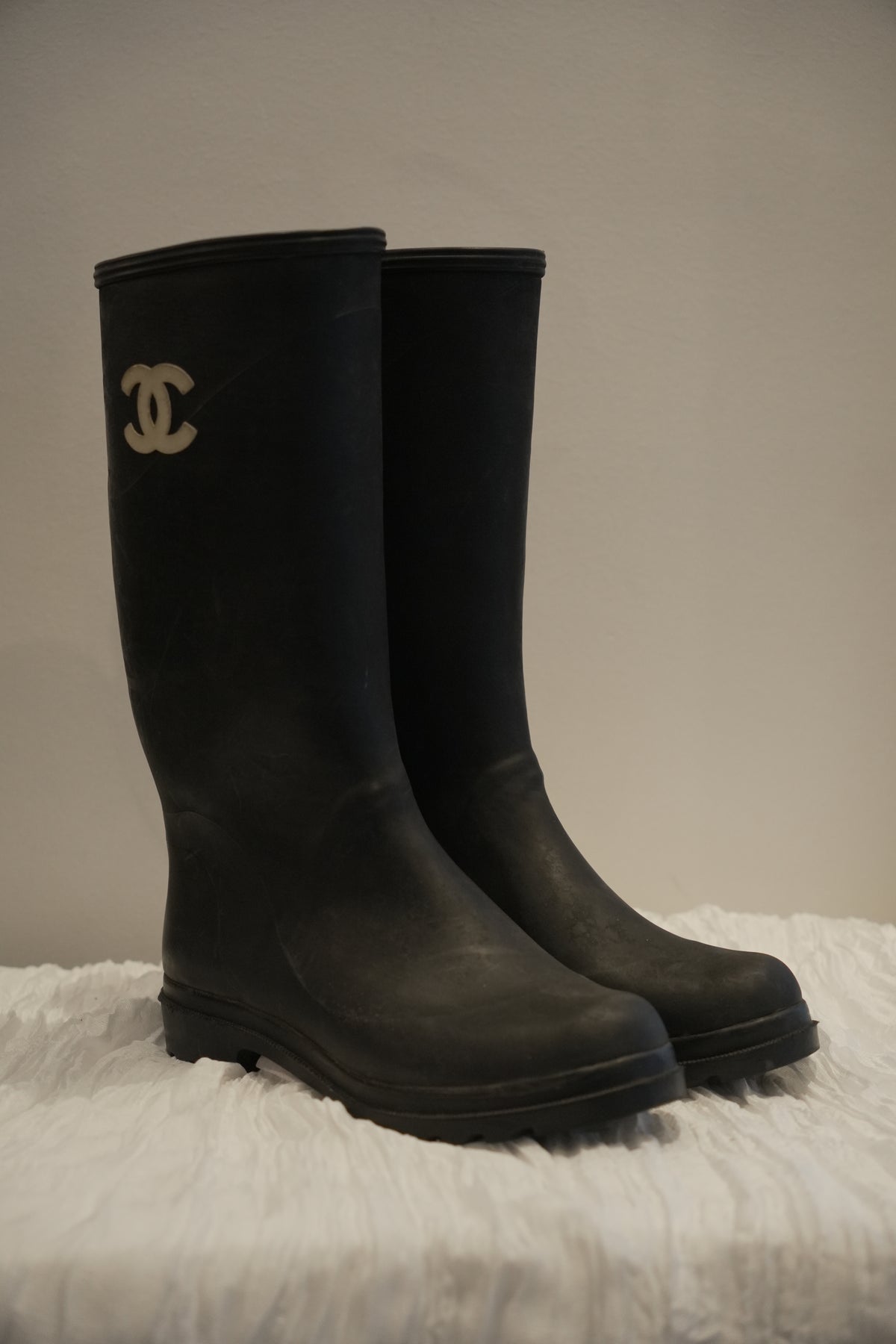 Chanel Black White Logo Rubber Gumboots
