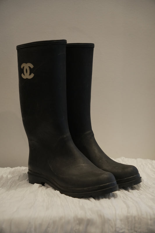 Chanel Black White Logo Rubber Gumboots Sz37