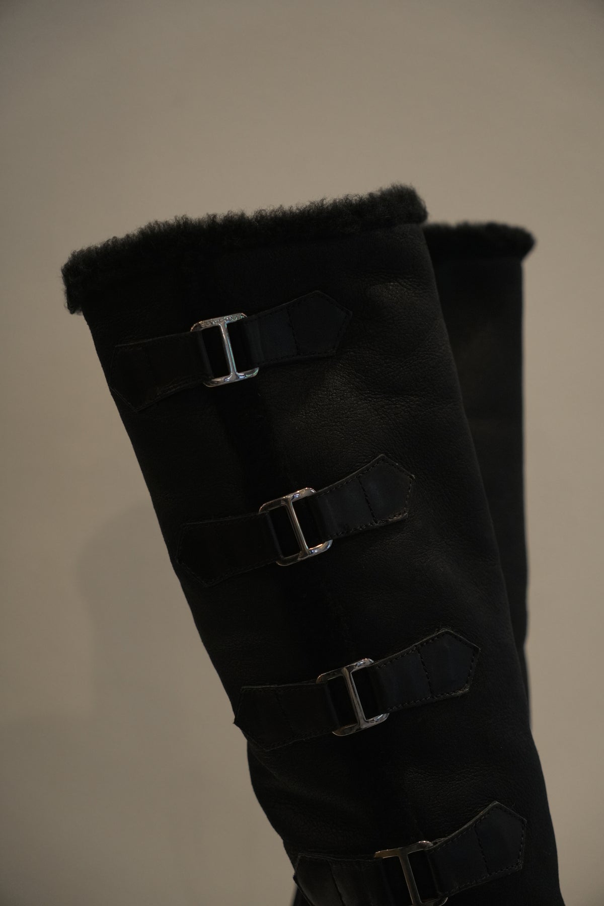 Sergio Rossi Leather Shearling Fur Inner Boots w Buckles Sz37