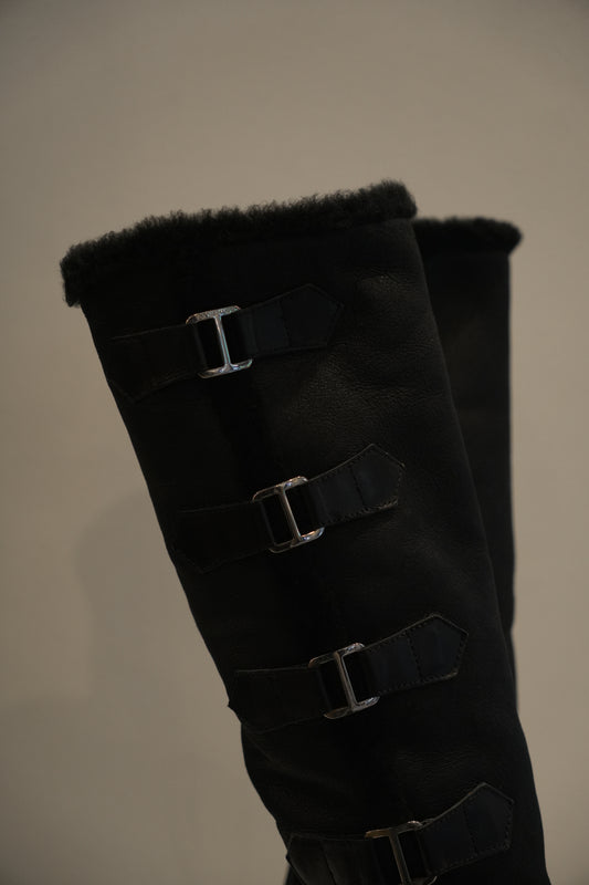 Sergio Rossi Leather Shearling Fur Inner Boots w Buckles Sz37