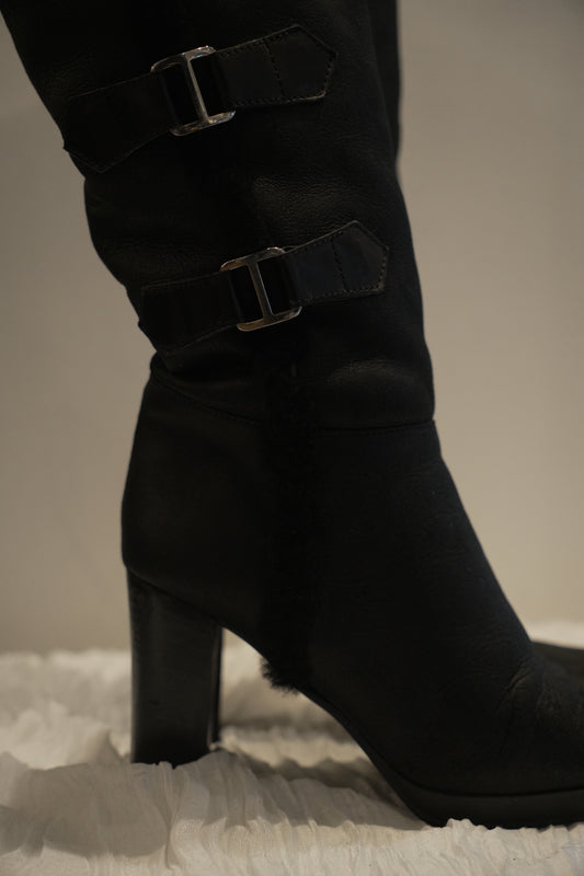 Sergio Rossi Leather Shearling Fur Inner Boots w Buckles Sz37