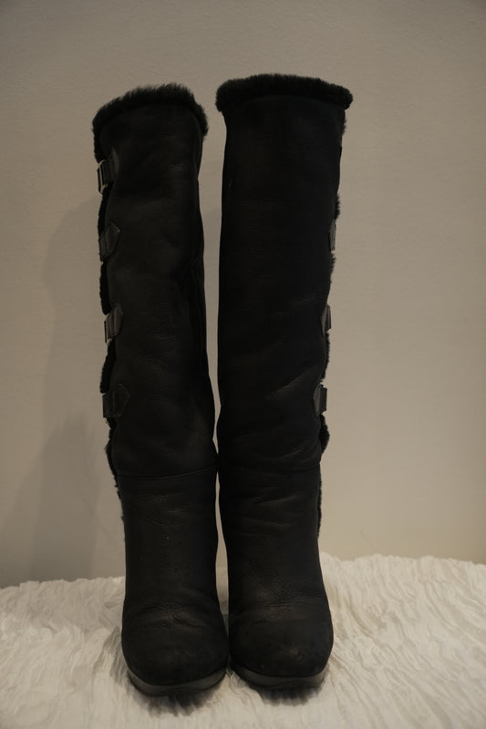 Sergio Rossi Leather Shearling Fur Inner Boots w Buckles Sz37