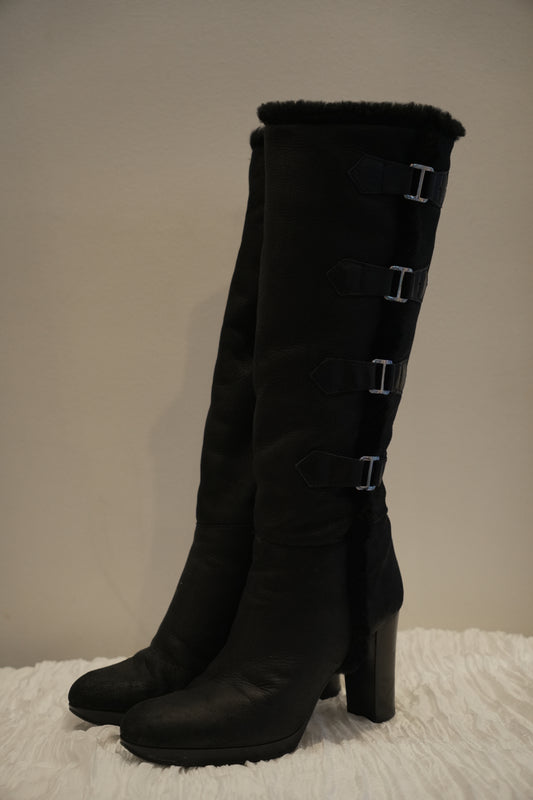 Sergio Rossi Leather Shearling Fur Inner Boots w Buckles Sz37