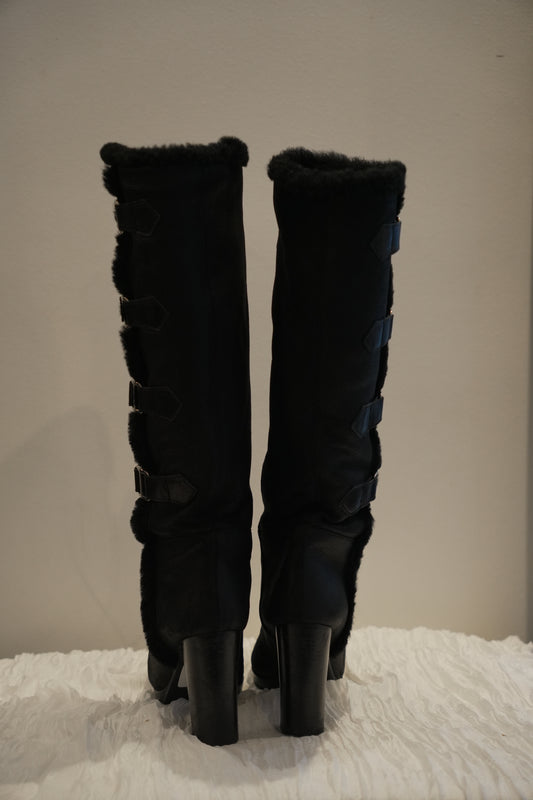 Sergio Rossi Leather Shearling Fur Inner Boots w Buckles Sz37