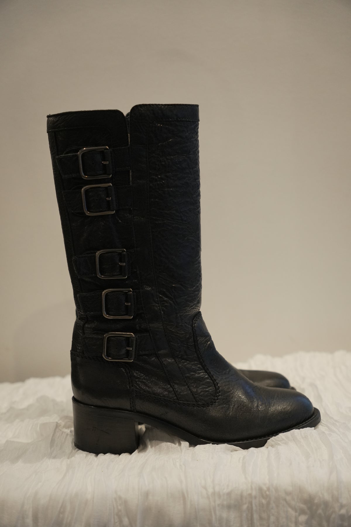 Chanel Black Pebble Leather with Side Buckles Motorcycle Boots Sz35.5