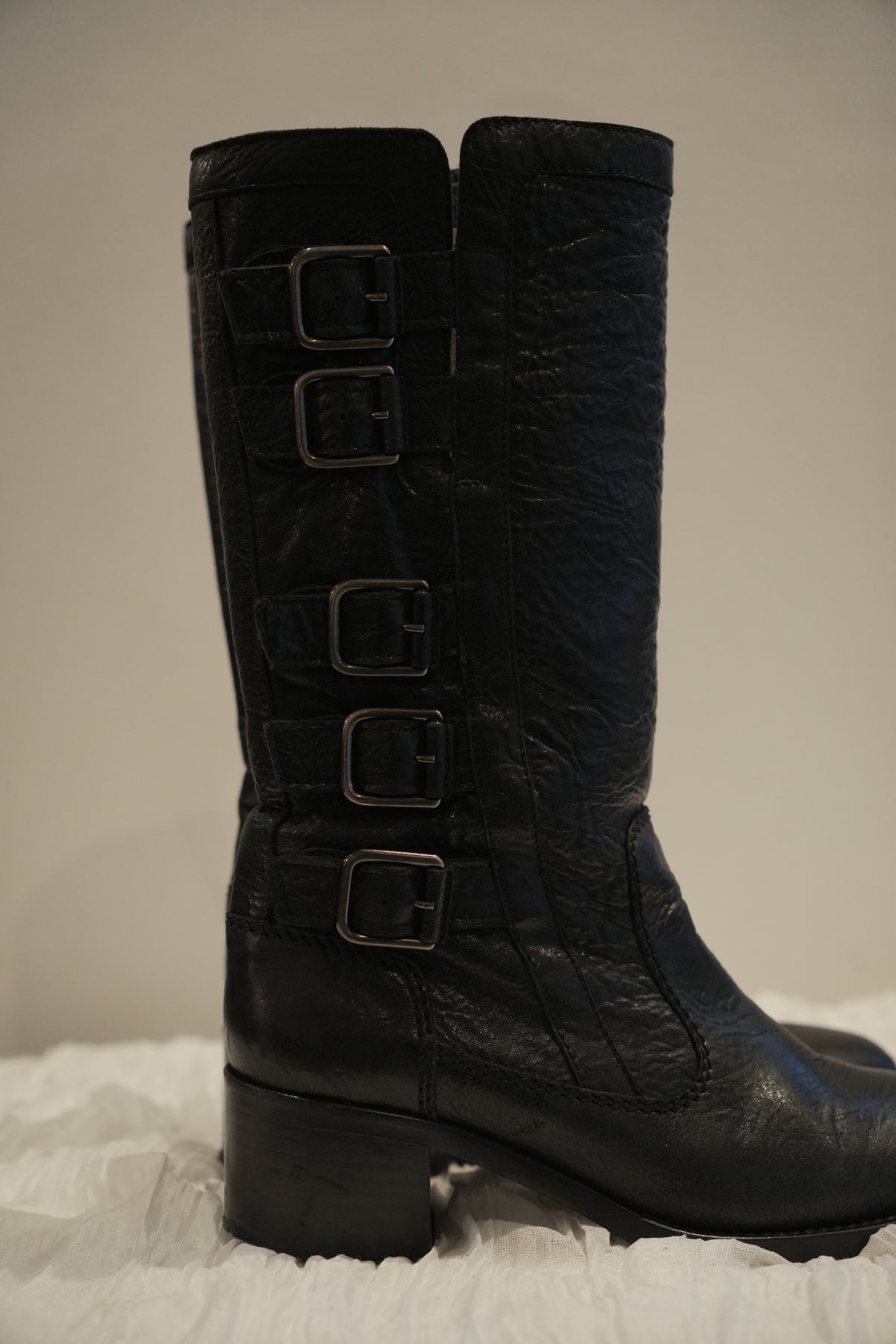 Chanel Black Pebble Leather with Side Buckles Motorcycle Boots Sz35.5