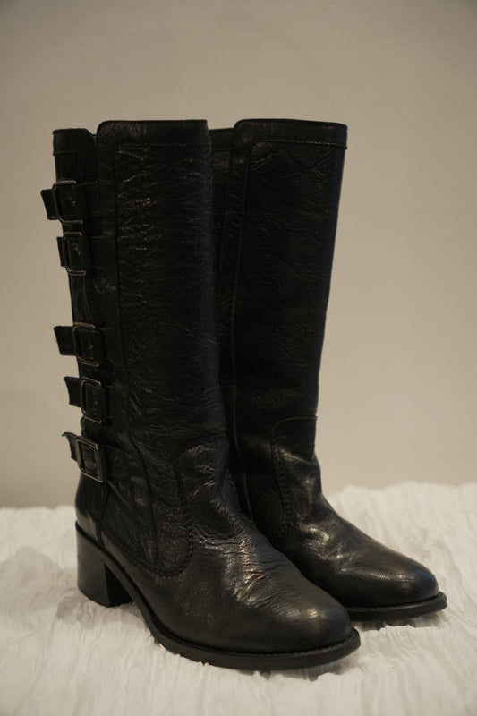 Chanel Black Pebble Leather w Side Buckles Motorcycle Boots Sz35.5