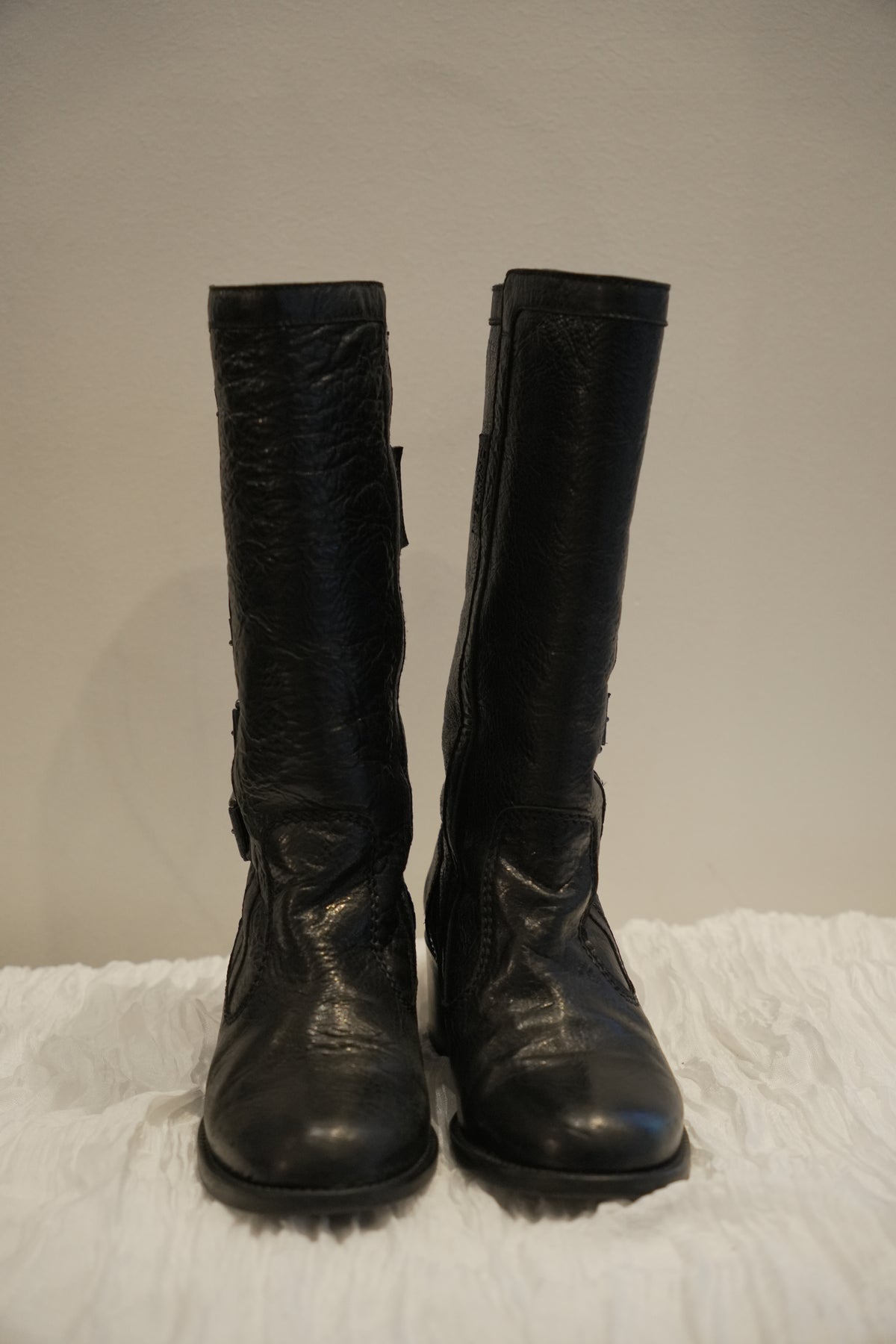Chanel Black Pebble Leather with Side Buckles Motorcycle Boots Sz35.5