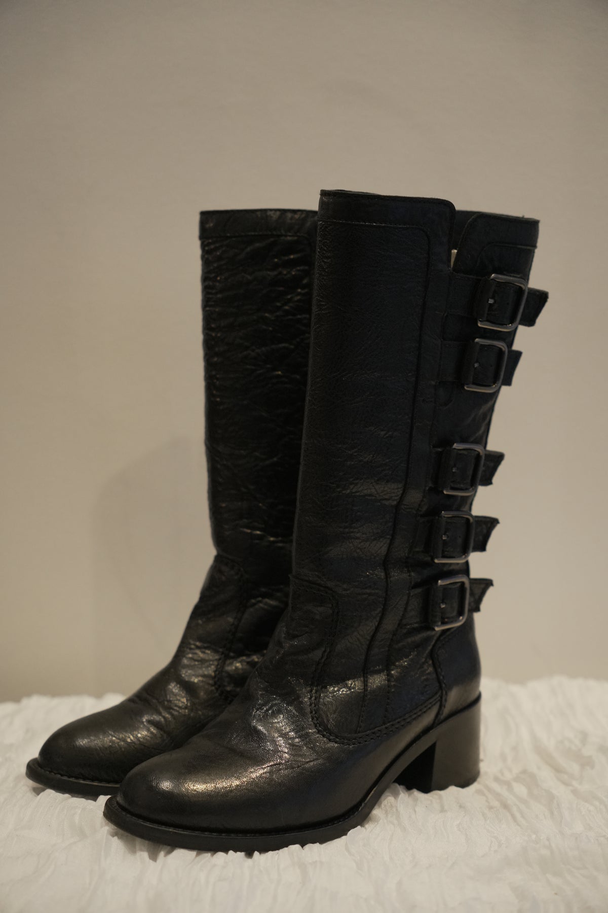 Chanel Black Pebble Leather with Side Buckles Motorcycle Boots Sz35.5