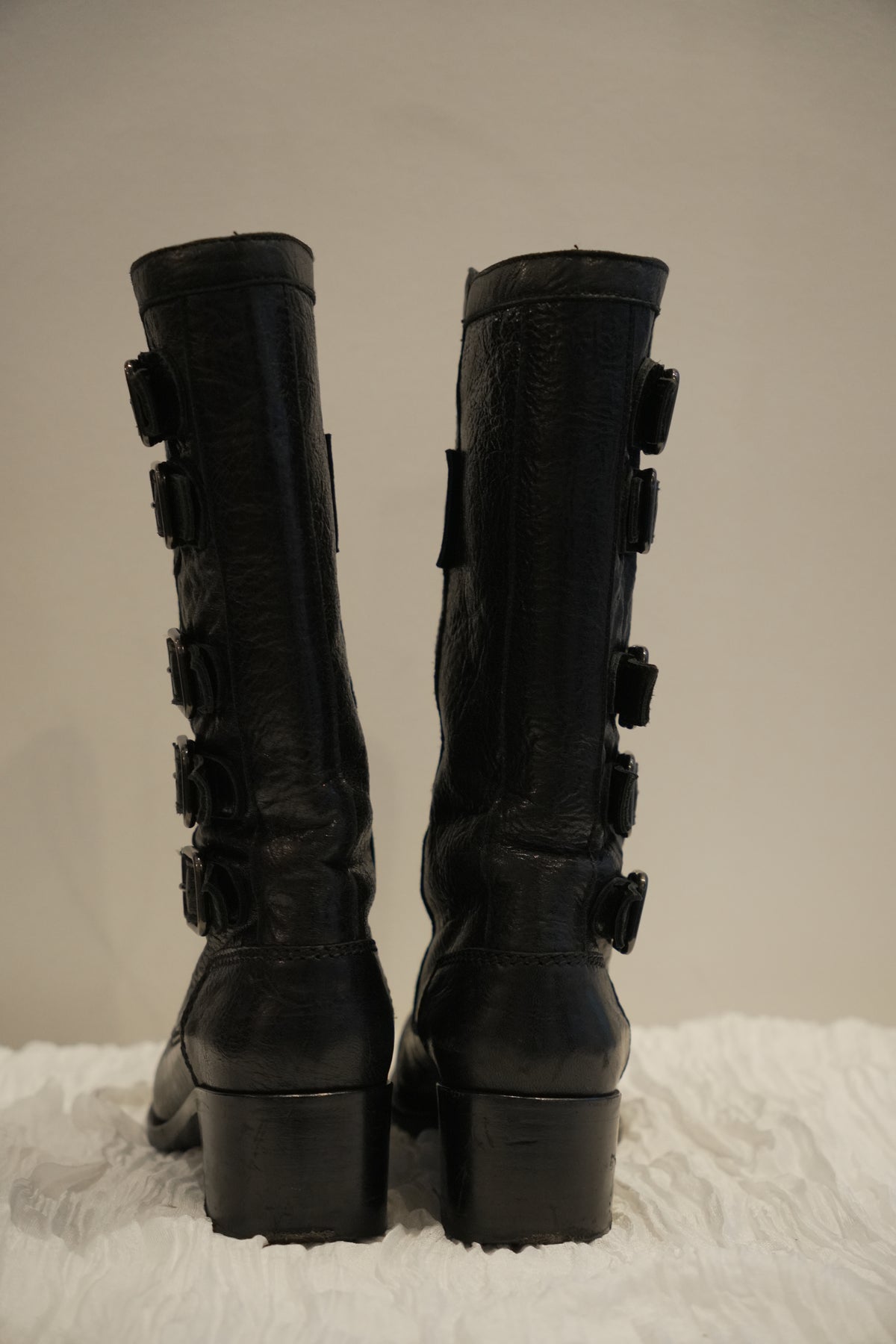 Chanel Black Pebble Leather with Side Buckles Motorcycle Boots Sz35.5