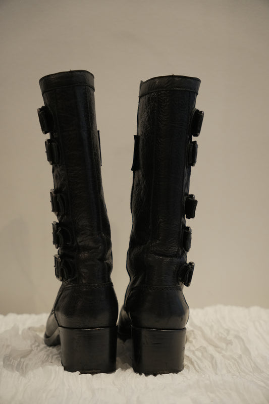 Chanel Black Pebble Leather w Side Buckles Motorcycle Boots Sz35.5