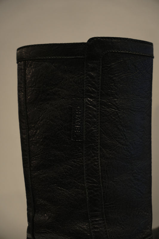 Chanel Black Pebble Leather w Side Buckles Motorcycle Boots Sz35.5