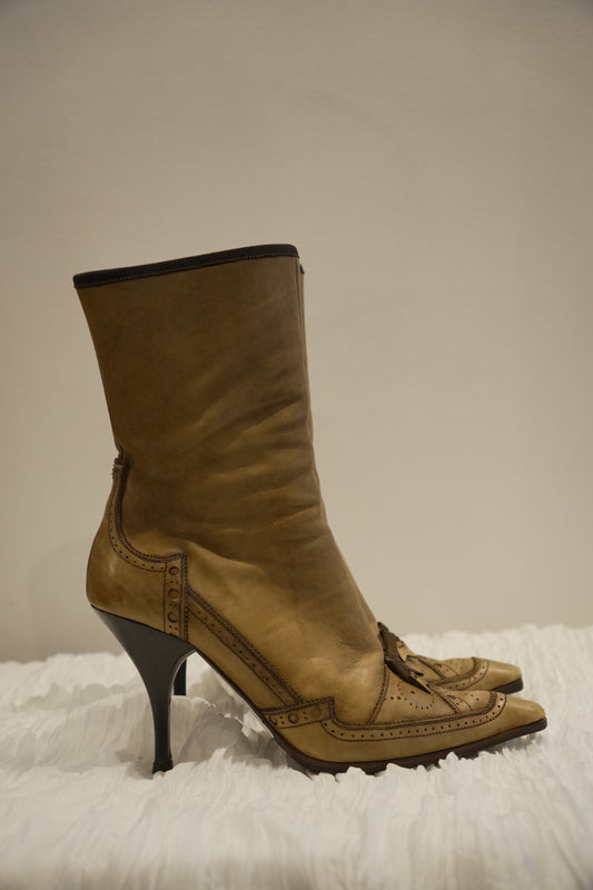Prada Brown Perforated Leather with Bow Boots Sz37