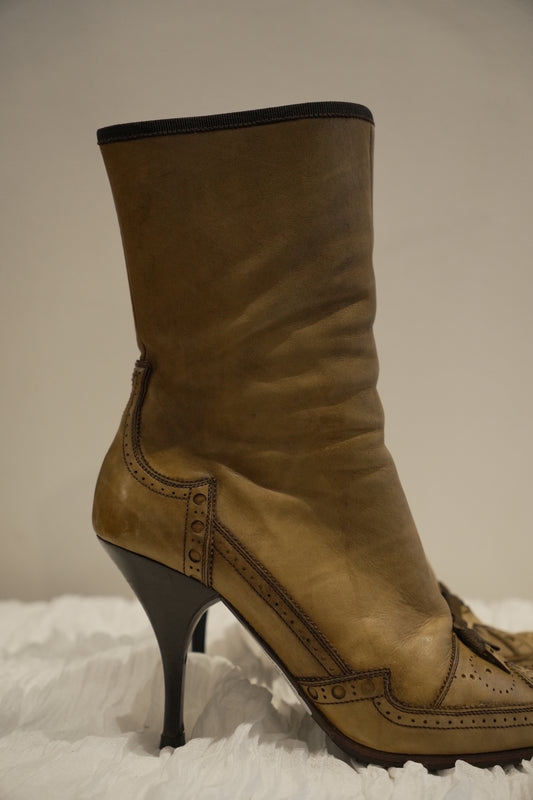 Prada Brown Perforated Leather with Bow Boots Sz37
