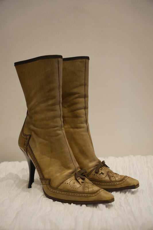 Prada Brown Perforated Leather with Bow Boots Sz37