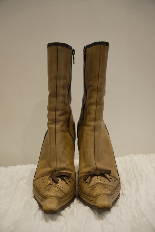 Prada Brown Perforated Leather with Bow Boots Sz37