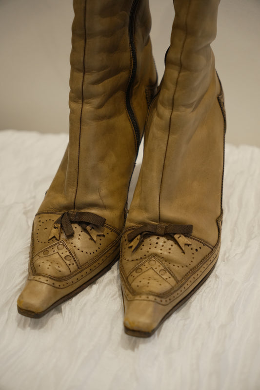Prada Brown Perforated Leather with Bow Boots Sz37