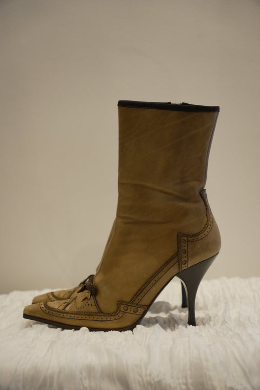 Prada Brown Perforated Leather with Bow Boots Sz37