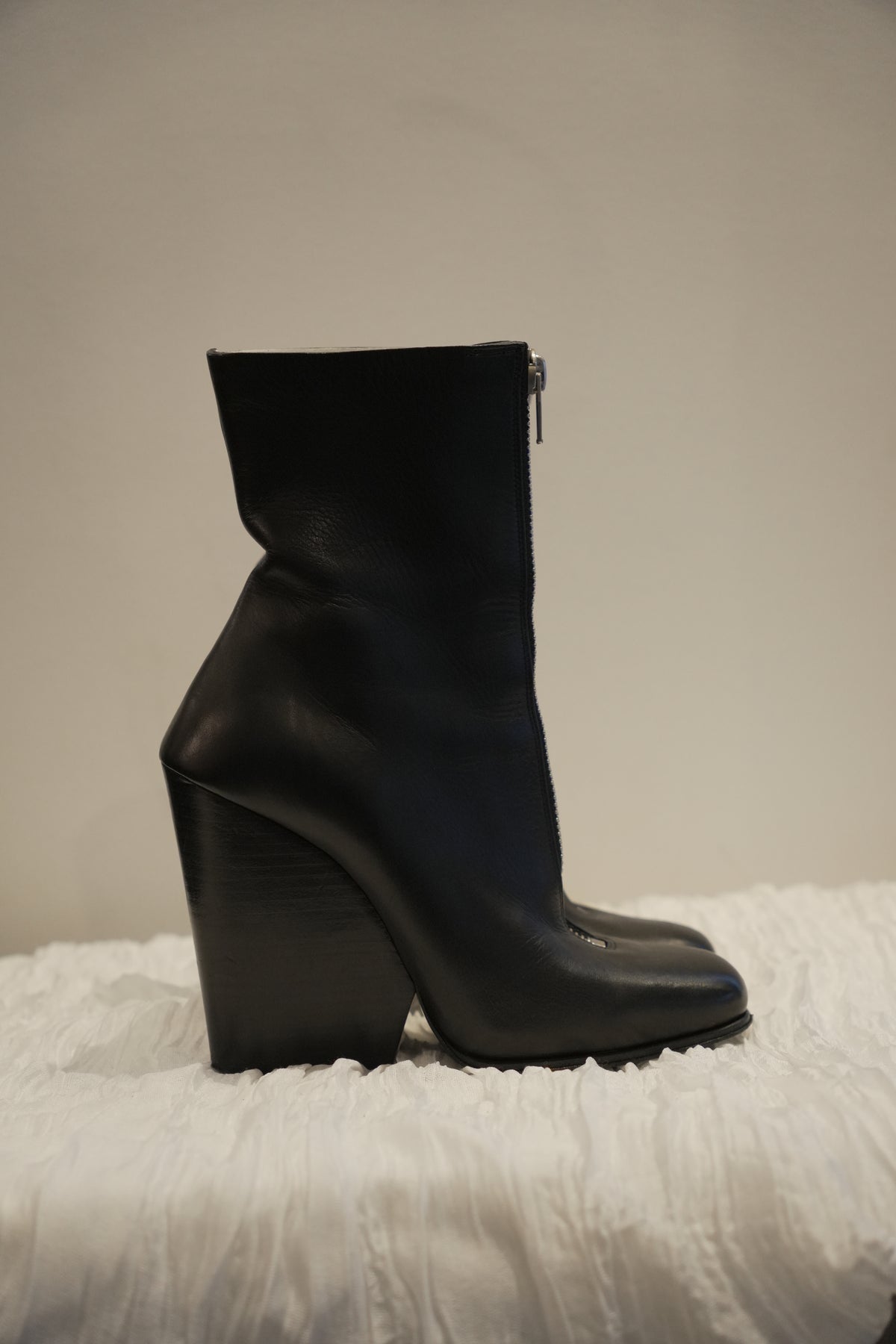Celine Leather Black Front Zipper Wedge Boots Sz36