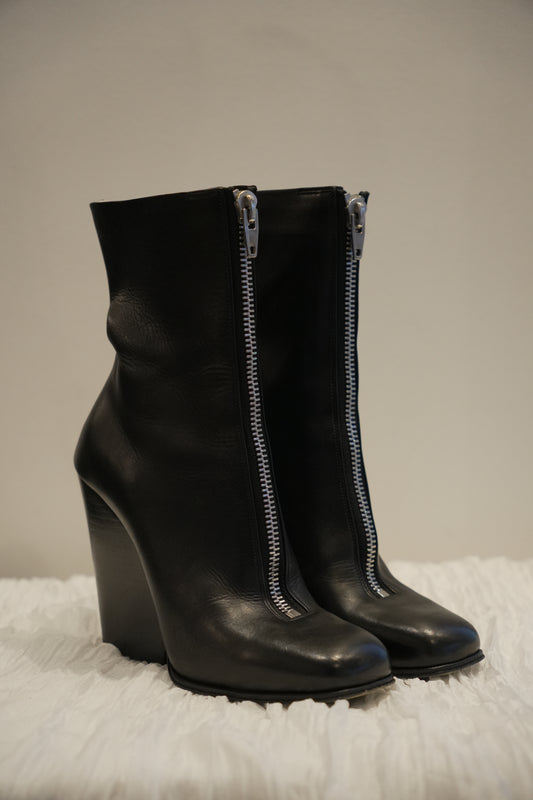 Celine Leather Black Front Zipper Wedge Boots Sz36