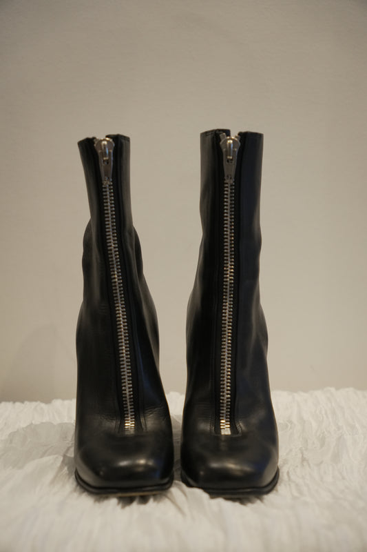 Celine Leather Black Front Zipper Wedge Boots Sz36