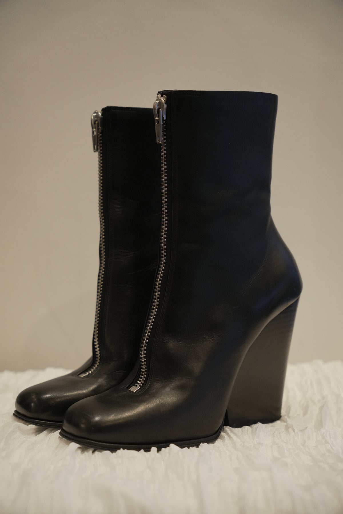 Celine Leather Black Front Zipper Wedge Boots Sz36