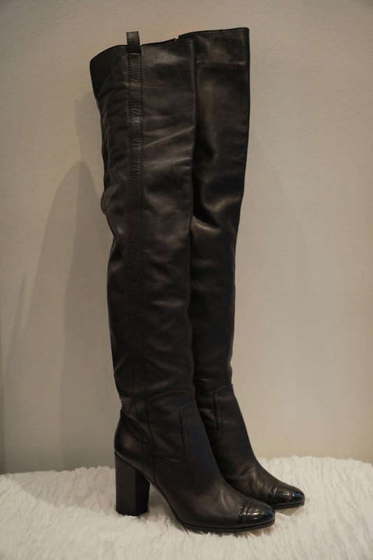 Chanel Patent Cap Toe Leather Knee High Boots Heels Sz37