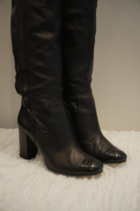 Chanel Patent Cap Toe Leather Knee High Boots Heels Sz37