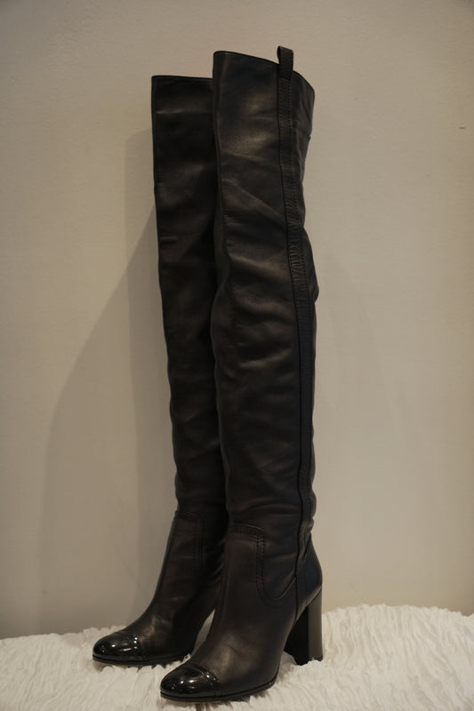 Chanel Patent Cap Toe Leather Knee High Boots Heels Sz37