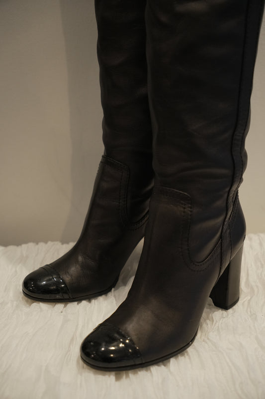 Chanel Patent Cap Toe Leather Knee High Boots Heels Sz37