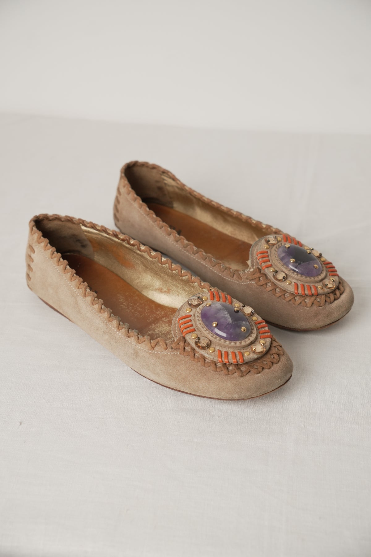 Prada Suede Flats w Leather Stitch Trim & Purple Gemstone Sz37