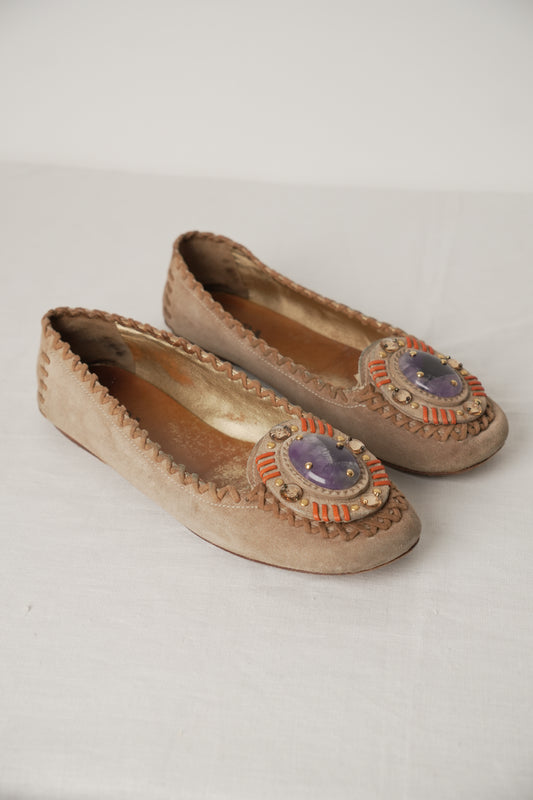 Prada Suede Flats w Leather Stitch Trim & Purple Gemstone Sz37
