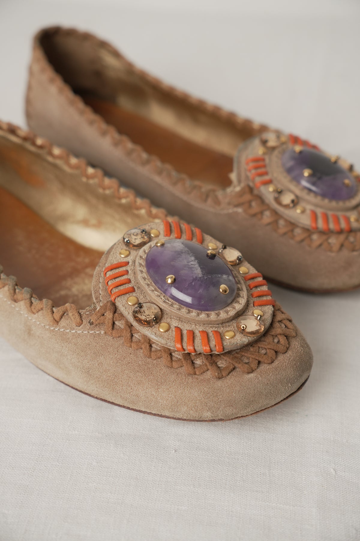 Prada Suede Flats w Leather Stitch Trim & Purple Gemstone Sz37