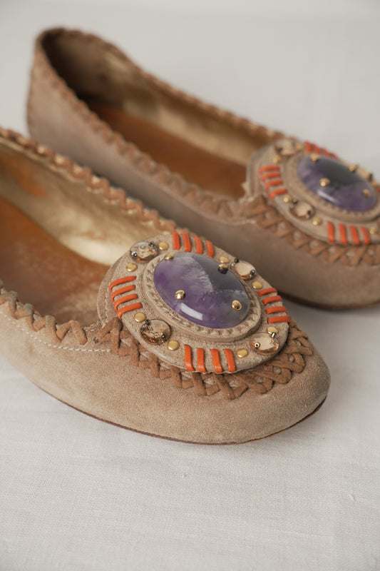 Prada Suede Flats w Leather Stitch Trim & Purple Gemstone Sz37