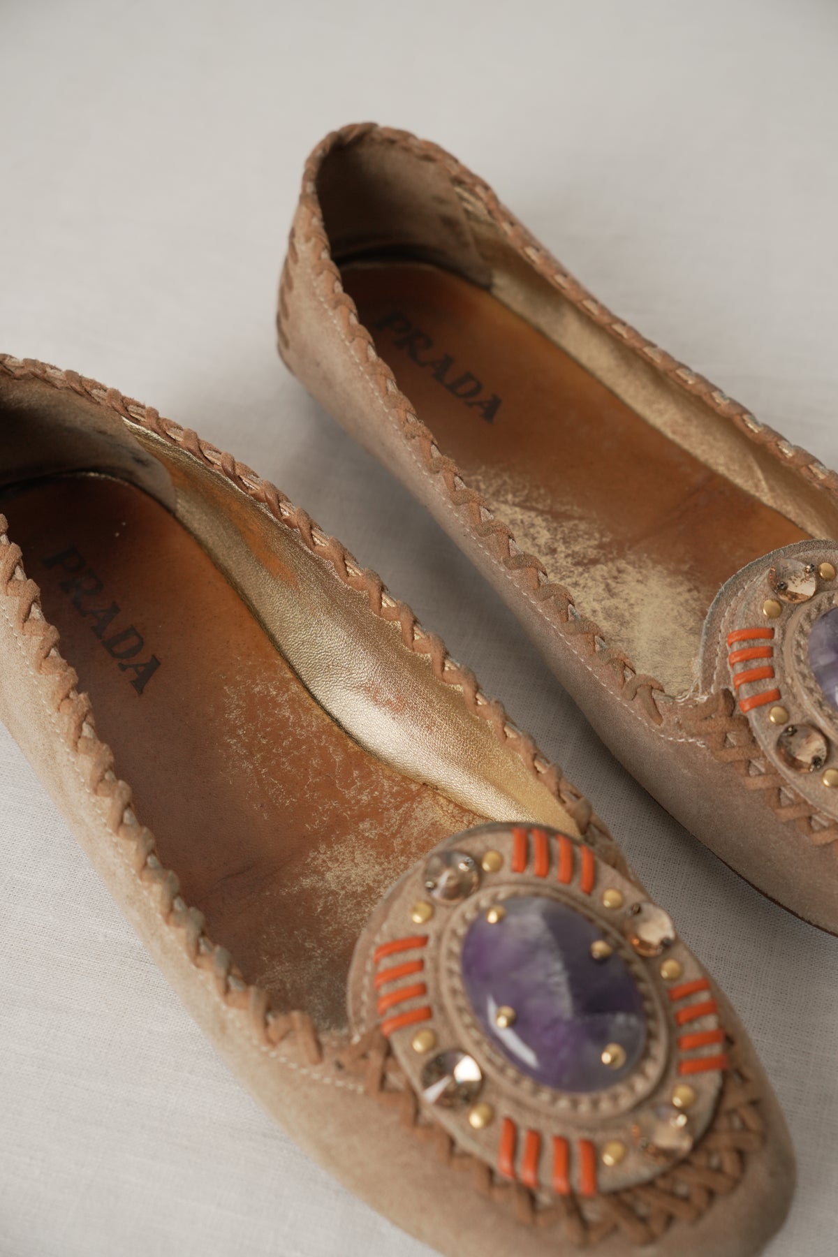 Prada Suede Flats w Leather Stitch Trim & Purple Gemstone Sz37