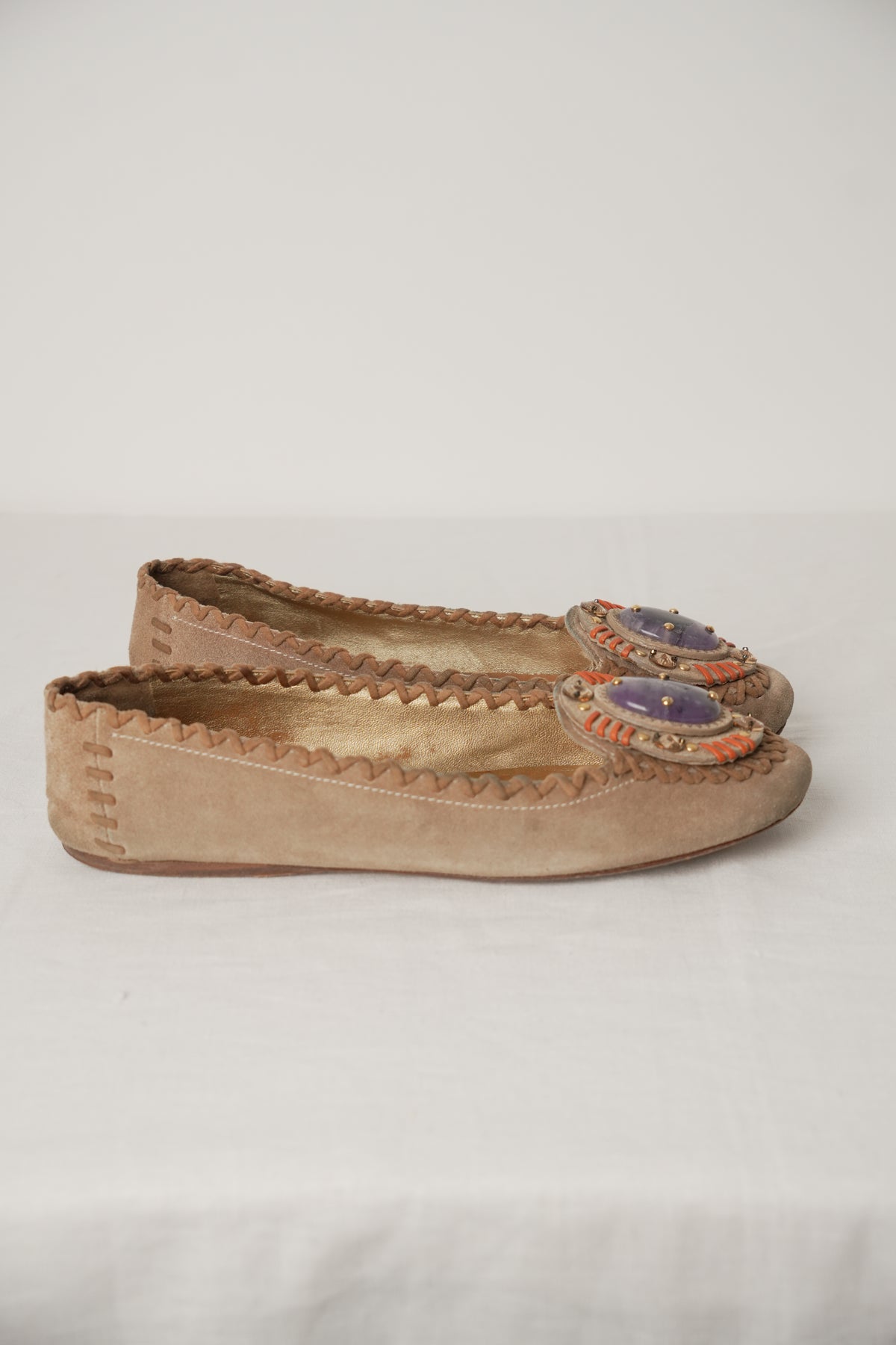 Prada Suede Flats w Leather Stitch Trim & Purple Gemstone Sz37