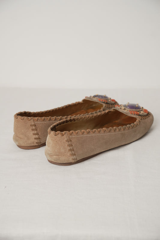 Prada Suede Flats w Leather Stitch Trim & Purple Gemstone Sz37