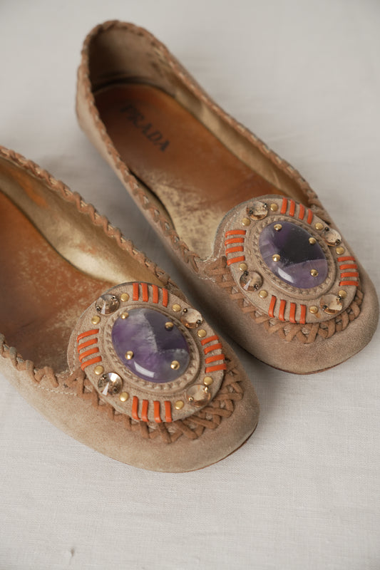 Prada Suede Flats w Leather Stitch Trim & Purple Gemstone Sz37