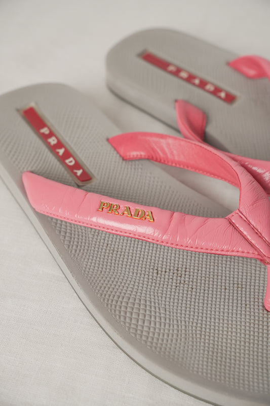 Prada Pink Leather Beach Sandals w Matching Pouch Sz38