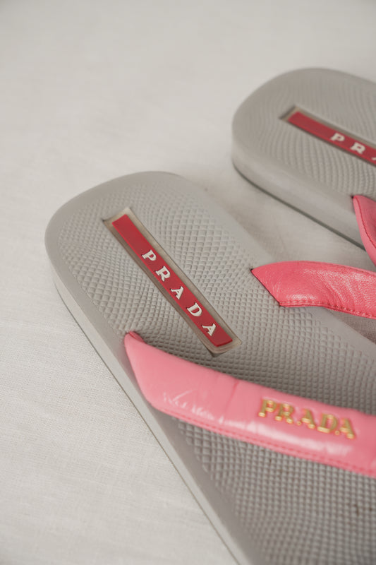 Prada Pink Leather Beach Sandals w Matching Pouch Sz38