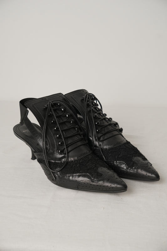 Givenchy Black Lace Up Kitten Heel Cut Out Point Toe Heels Sz38.5 w Box