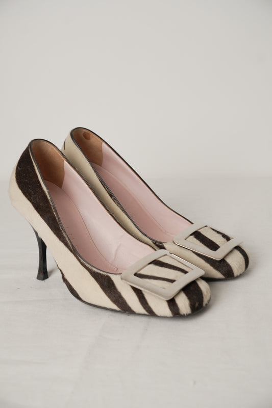 Celine Calfskin Zebra Print Fur with Square Buckle Heels Sz 35