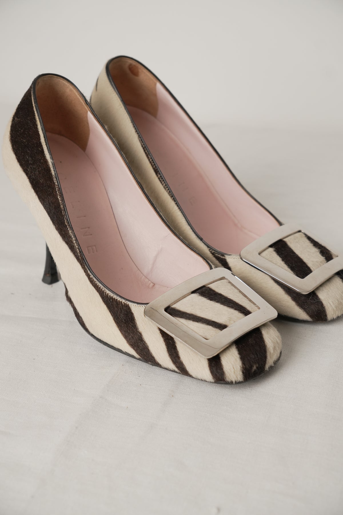 Celine Calfskin Zebra Print Fur with Square Buckle Heels Sz 35