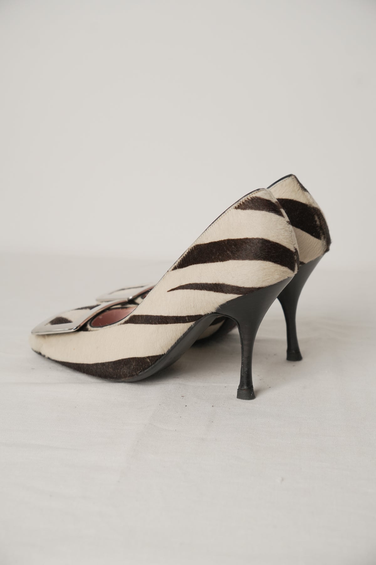 Celine Calfskin Zebra Print Fur with Square Buckle Heels Sz 35
