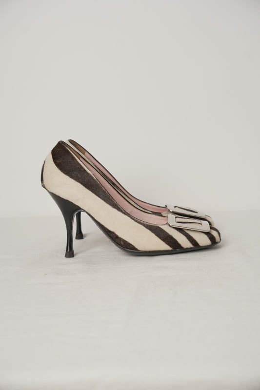 Celine Calfskin Zebra Print Fur with Square Buckle Heels Sz 35